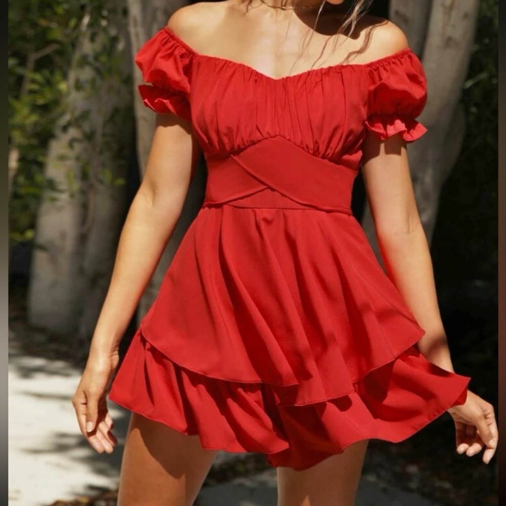 SHEIN Off Shoulder Tie Back Ruched Bust Ruffle Hem Romper Size: M(6)